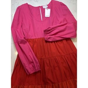 SugarLips In A Heartbeat Color Block Dress Tiered Ruffle Flare‎ Pink Red LG New